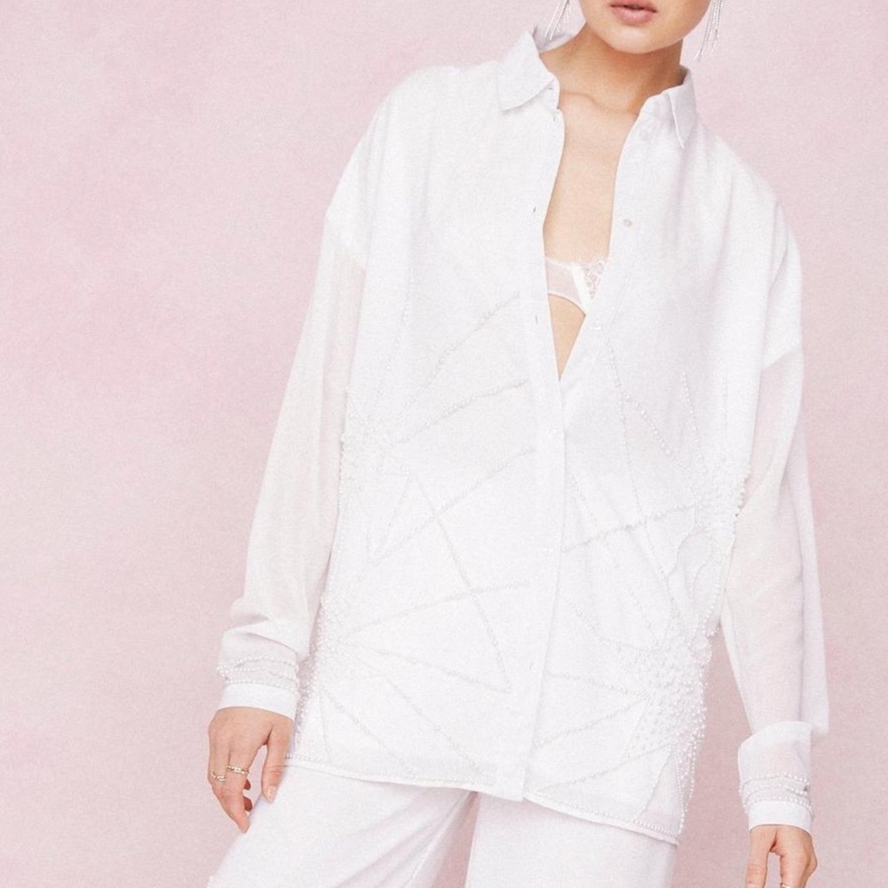 White chiffon oversized pearl beaded suit set